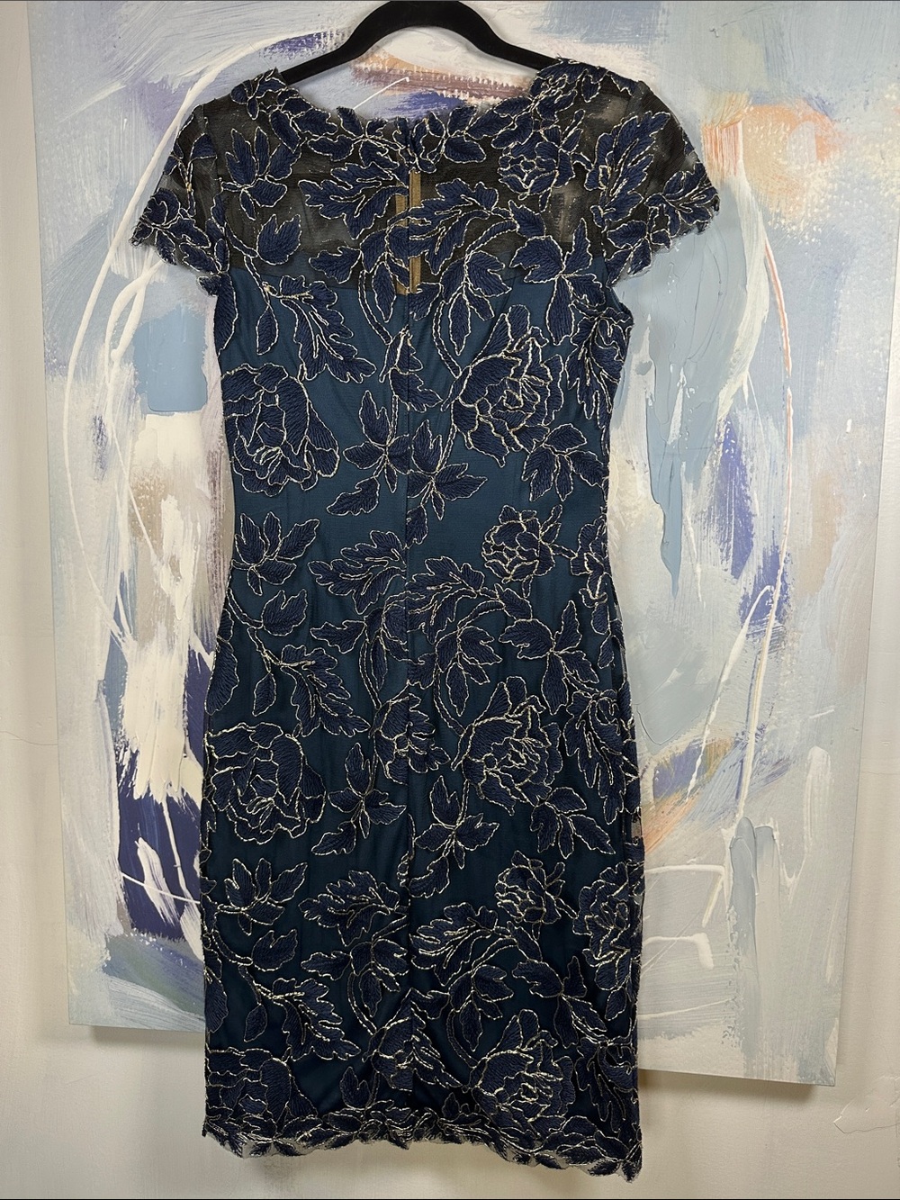 Tadashi Shoji Halona Dress Sz 4 Deep Teal Blue Green Floral Gold Lace SMALL 4 - Picture 2 of 13